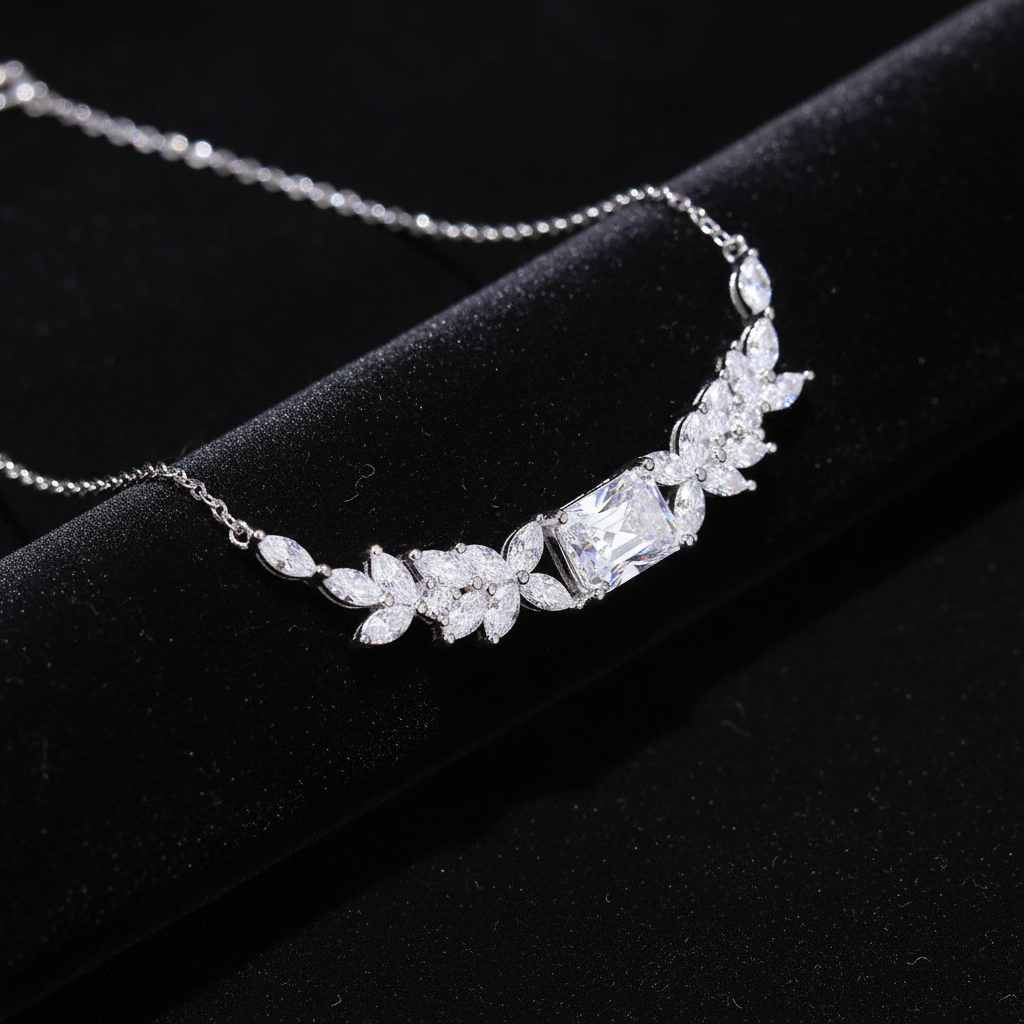 Celeste Bloom moissanite necklace on black velvet display