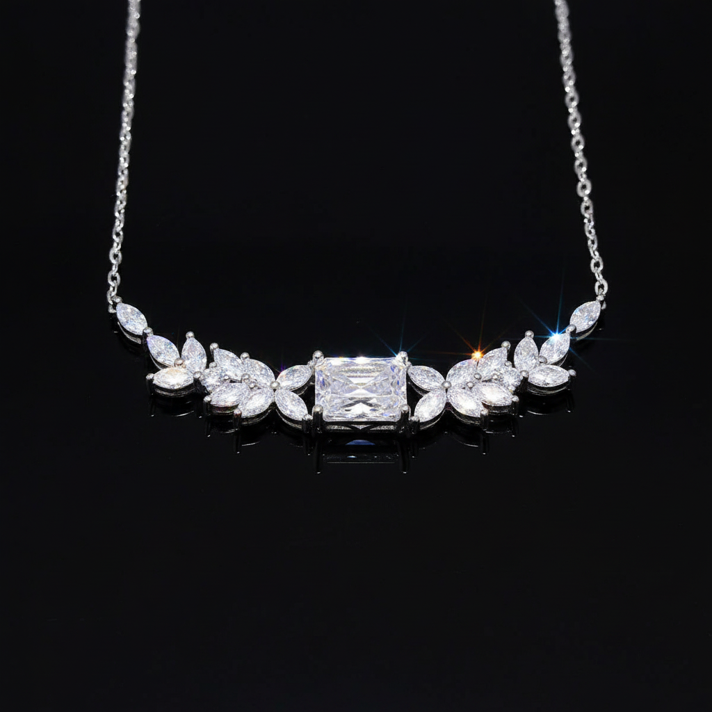 Celeste Bloom 2CT Moissanite Necklace on black reflective surface