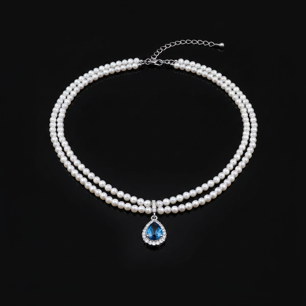 Pearl Necklace Flat Lay on Black Background