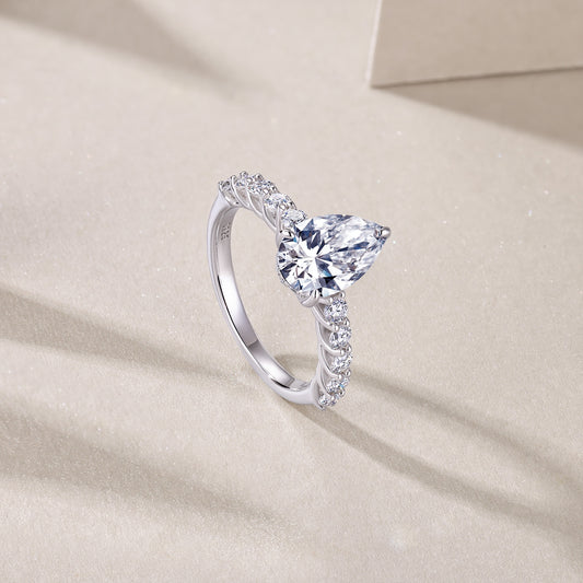 Moonlight Water Drop Ring | Pear Moissanite & Sterling Silver Dainty Jewelry
