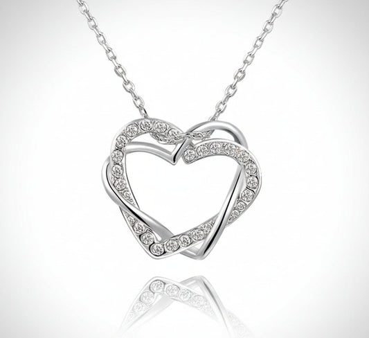 Double Heart Pendant Necklace - Adjustable Crystal & Alloy Chain, Korean Style Dainty Jewelry