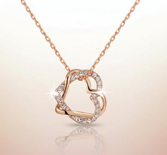 Double Heart Pendant Necklace - Adjustable Crystal & Alloy Chain, Korean Style Dainty Jewelry